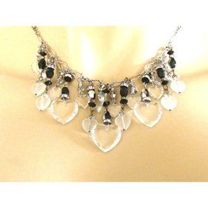 Fortunoff Glass Hearts/Crystal/Black Bead Silver Dangling Chain Necklace